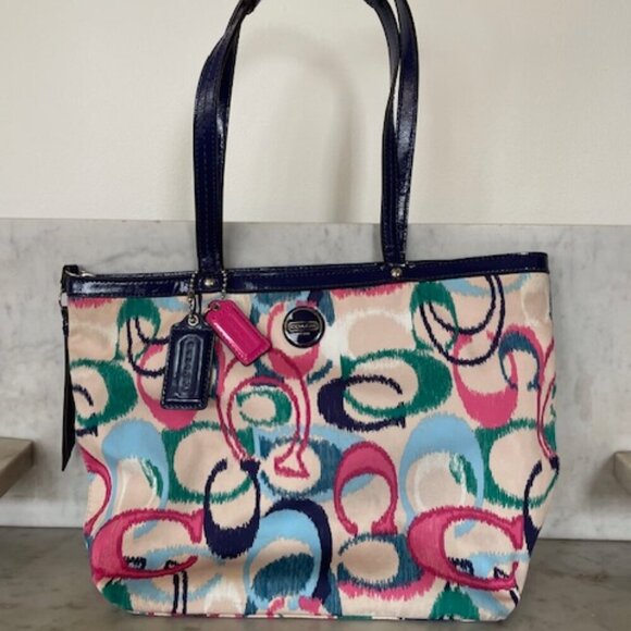 COACH Ikat Scribble Tote Double Handle Bag Blue Pink - Picture 3 of 15